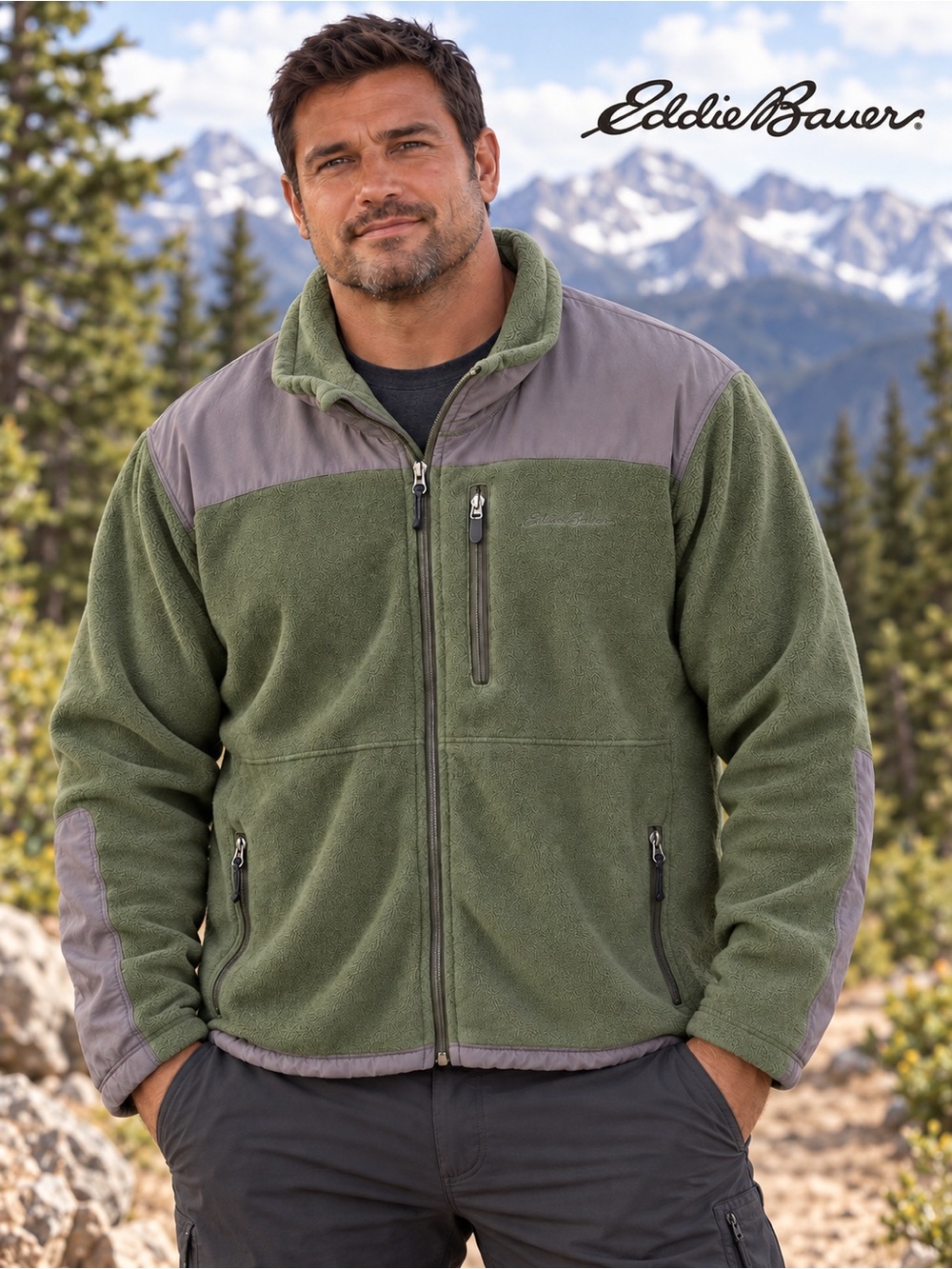 Eddie Bauer Men's Mixed Media Full Zip Fleece Jacket Evergreen Grey Steel 2XL